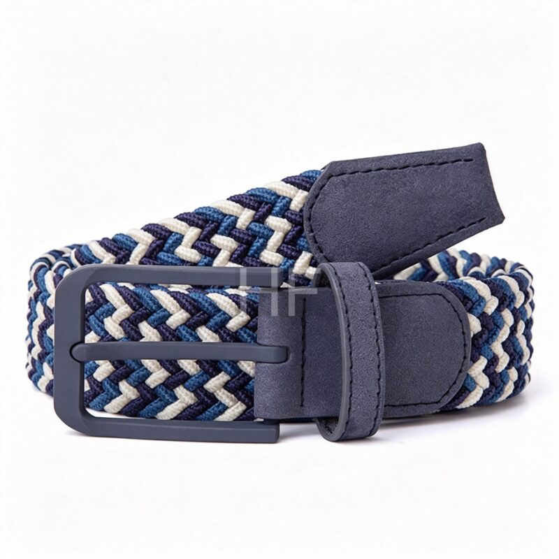 Leather End Tip Braided Canvas Woven Elastic Belt