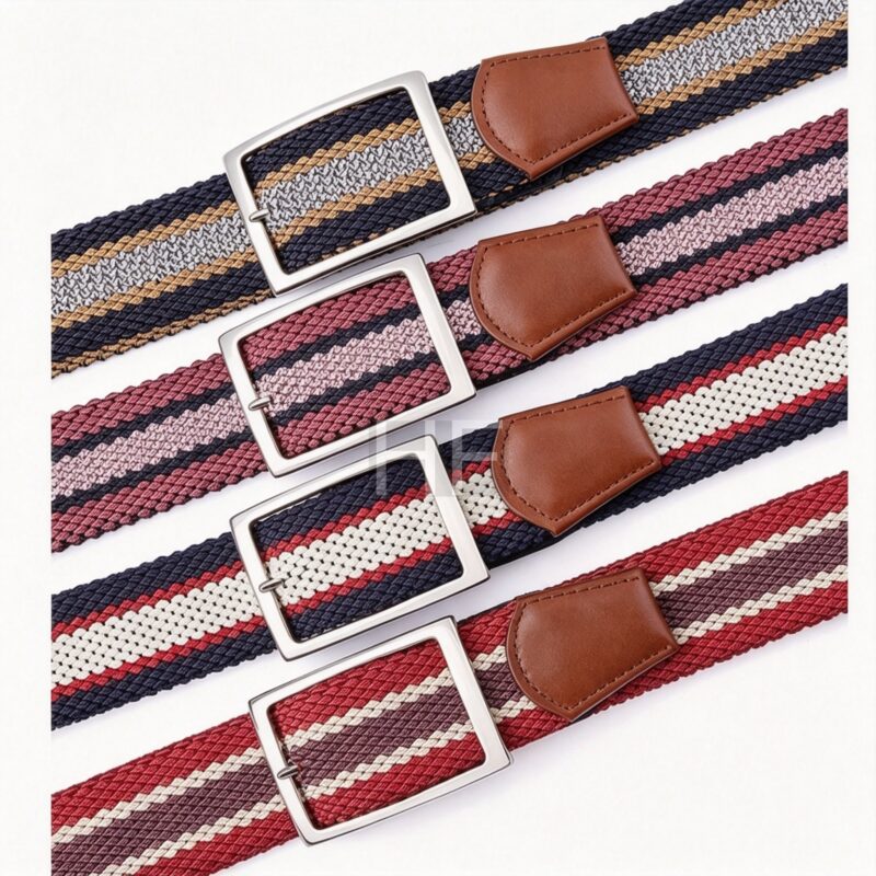 Leather End Tip Braided Canvas Woven Elastic Belt