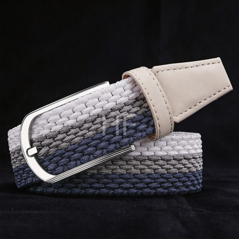 Leather End Tip Braided Canvas Woven Elastic Belt