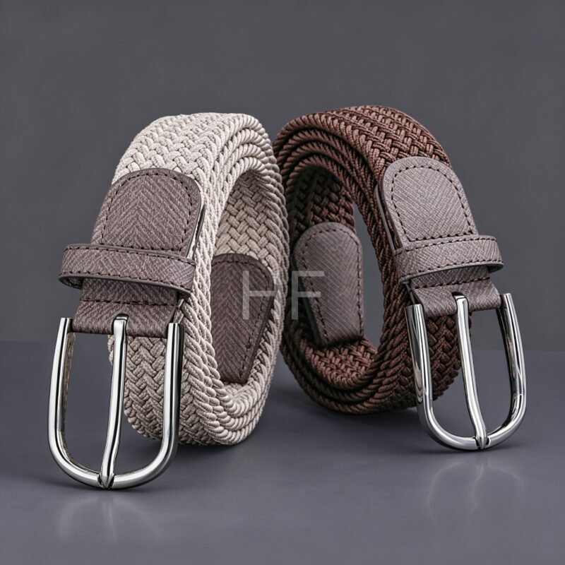 Leather End Tip Braided Canvas Woven Elastic Belt