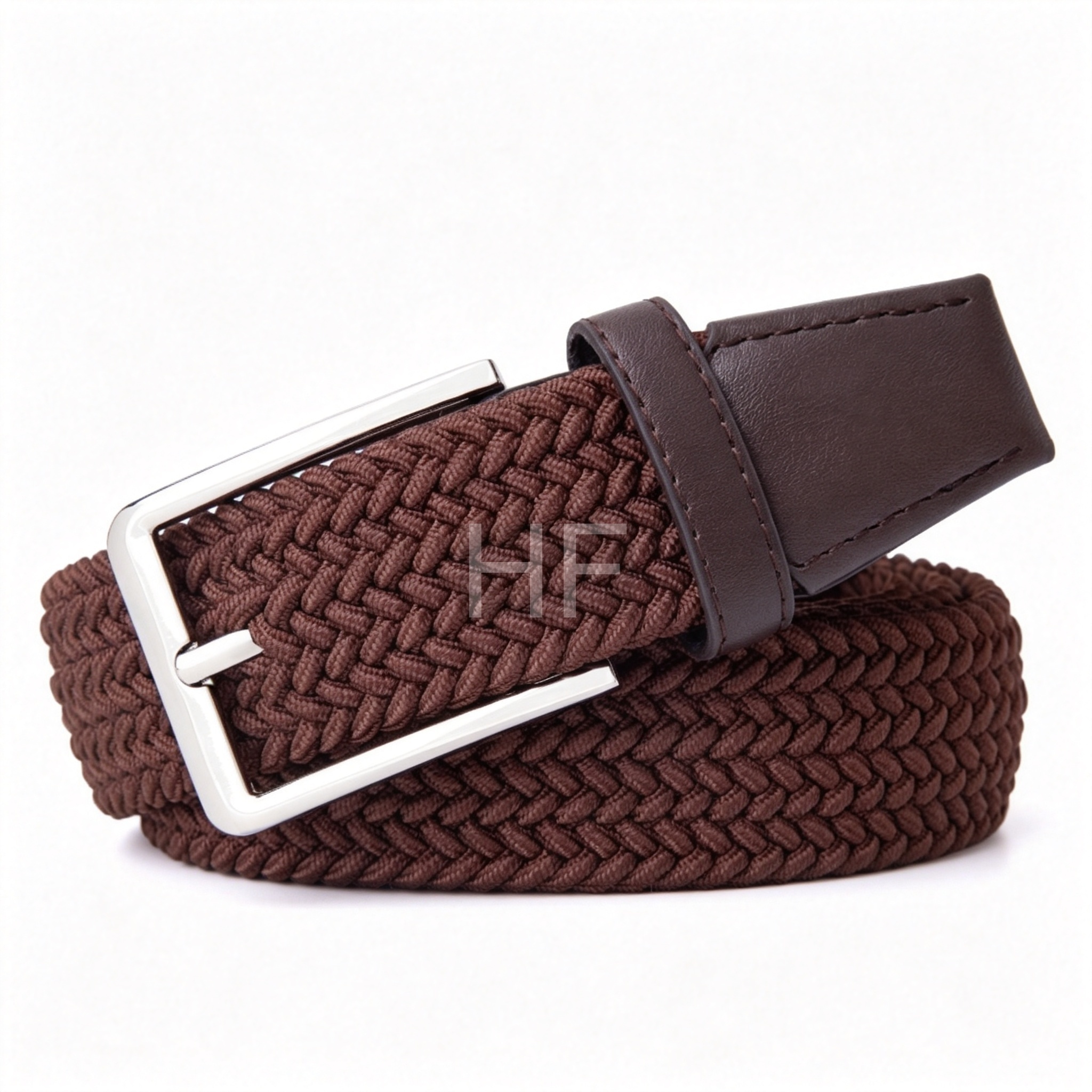 Cintura in pelle con puntale, tela intrecciata ed elastico intrecciato