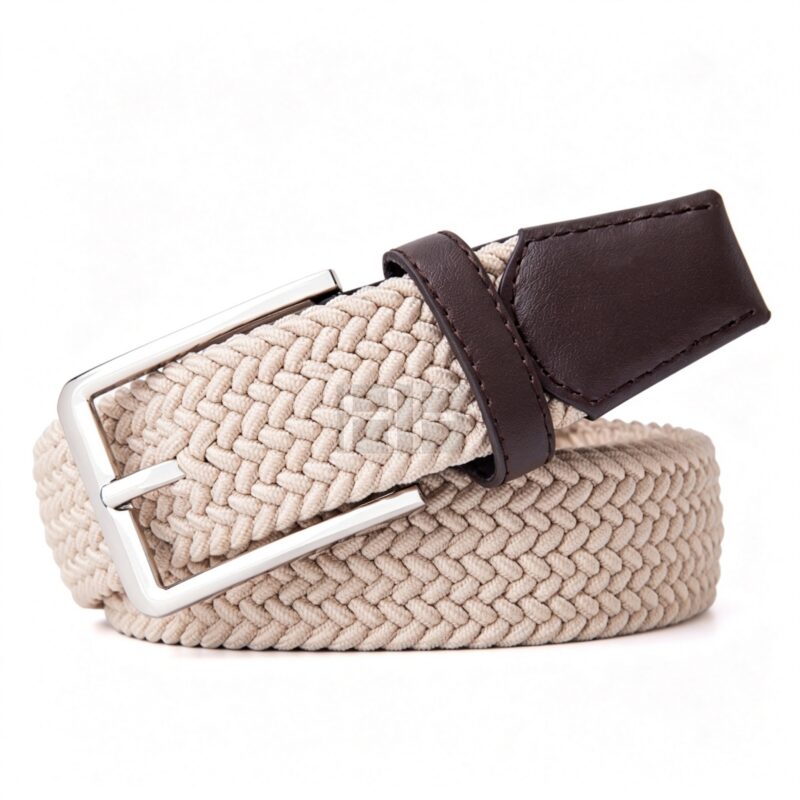 Leather End Tip Braided Canvas Woven Elastic Belt